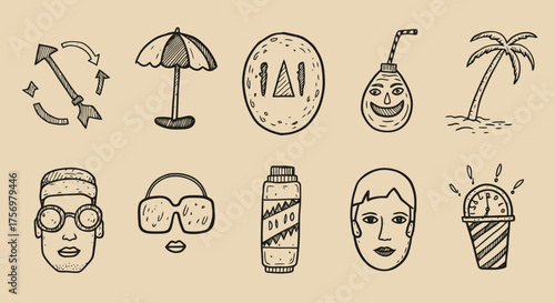 Collection of hand-drawn summer vacation and beach icons.