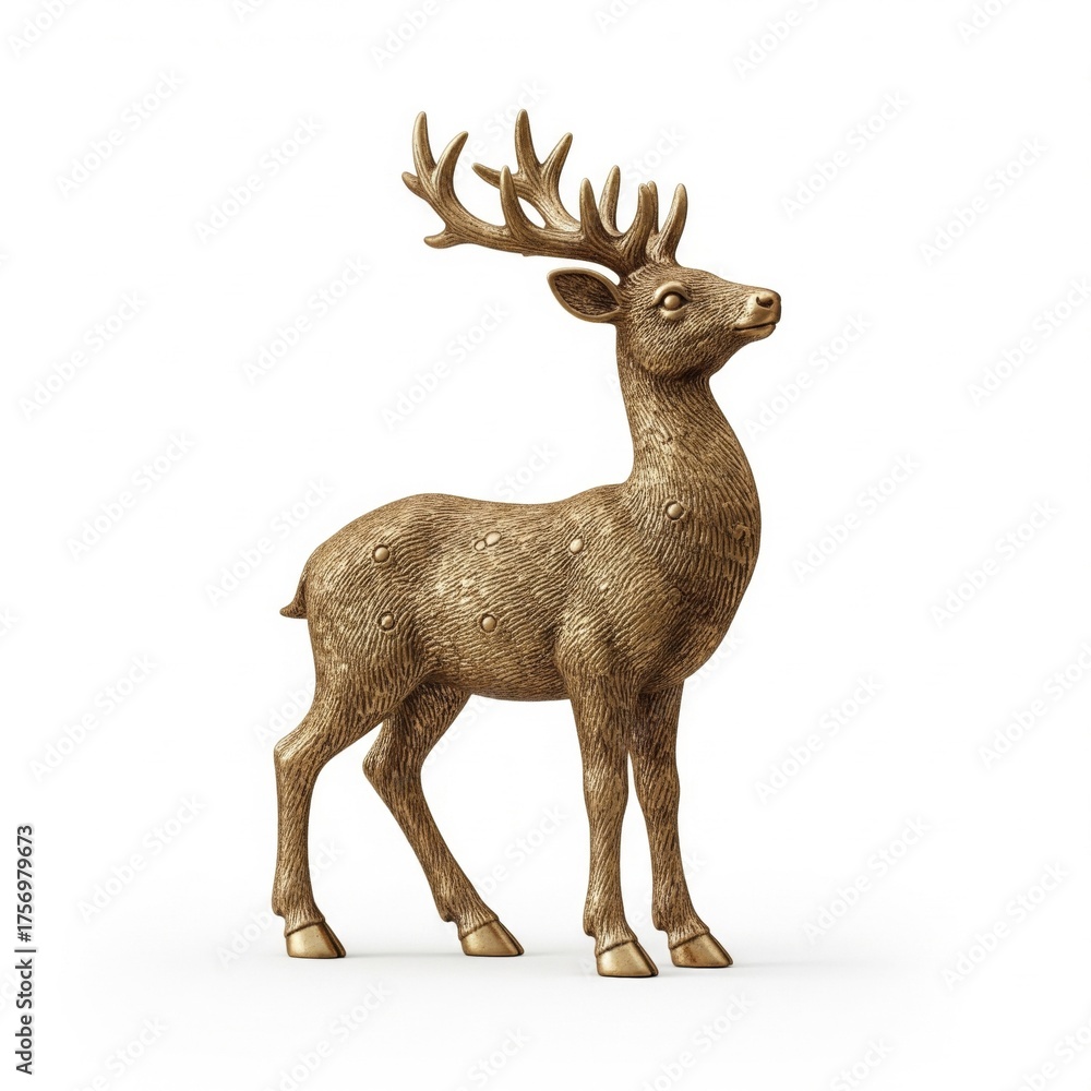 Fototapeta premium Detailed Golden Reindeer Sculpture Standing on White Seamless Background