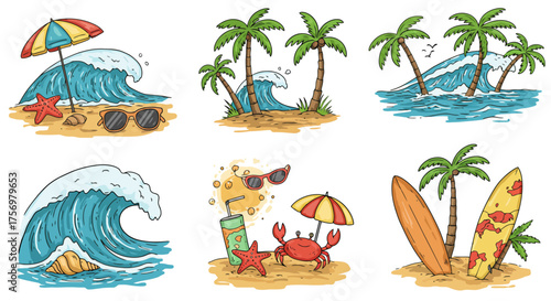 Collection of six vibrant beach and ocean themed illustrations.