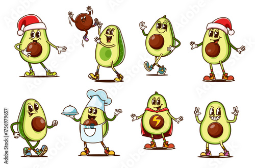 Cartoon cheerful groovy avocado characters, vector vegan food personages. Psychedelic cute halves of fresh green avocado fruits with baby seed, Santa, superhero and chef costumes, groovy fruits