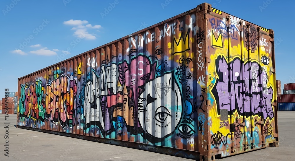 Fototapeta premium Vibrant Graffiti Art on Shipping Container in Sunny Outdoor Industrial Yard - Urban Street Culture and Colorful Background for Design Projects