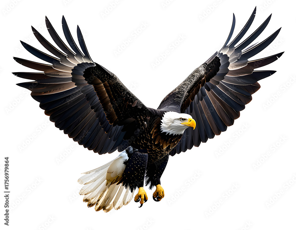 Obraz premium Flying bald eagle captured mid-flight, isolated object, no shadows, clean white background