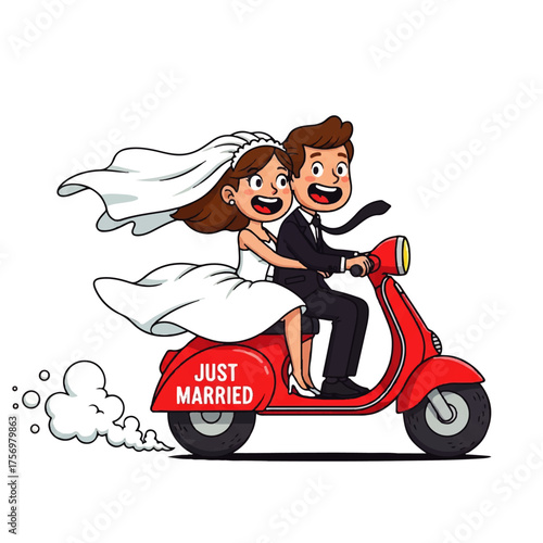 Adorable Cartoon Wedding Couple Kissing with Hearts and Flowers, Expressing Love and Romance on Their Special Day - Vector Illustration