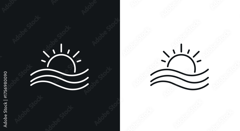 Fototapeta premium Sunrise or sunset over ocean waves line art in black and white contrast backgrounds.