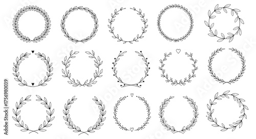 A collection of hand drawn botanical wreath illustrations featuring various delicate leafy designs.