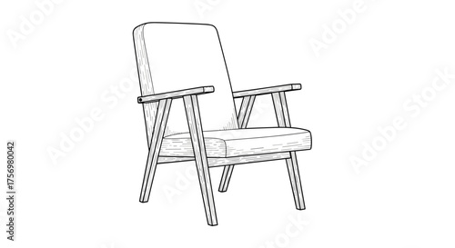 A vintage mid century modern armchair with wooden frame and upholstered seat and back. It has a simple yet elegant design and would fit perfectly in a retro inspired living room.