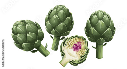 Four delicious and healthy artichokes one of them cut in half showing the edible heart.