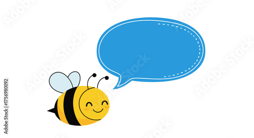 A cute cartoon bee with a happy face and wings is thinking about something in a speech bubble.