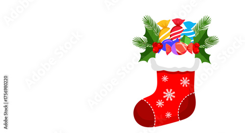 A festive red christmas stocking filled with colorful candies and evergreen sprigs tied with a red ribbon.