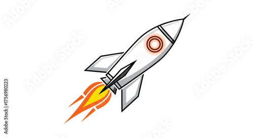 A detailed illustration of a white rocket ship launching upwards into the sky with flames emitting from its engines.