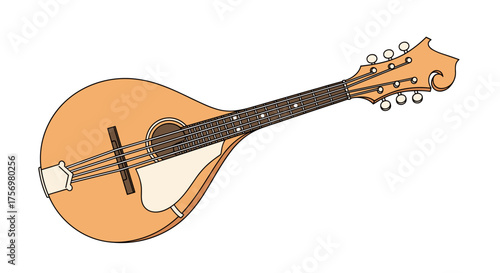 Acoustic stringed musical instrument with a pear shaped body and fretted neck for playing melody notes.