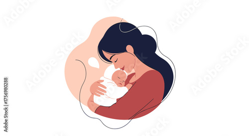 A loving mother tenderly embraces her newborn baby in a warm, gentle hug.