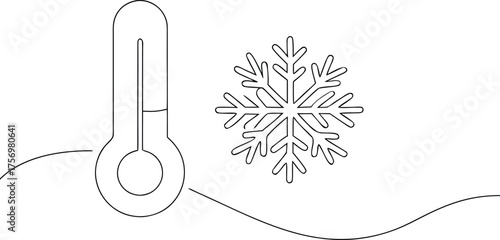 Thermometer and snowflake outline cold temperature