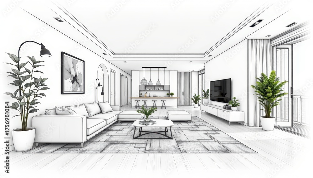 Fototapeta premium Modern Interior Design Sketch Featuring Open Concept Living Room Layout