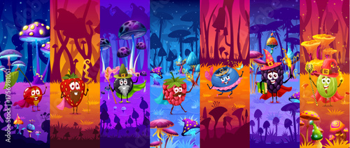 Halloween holiday berry fairy, wizard and mage characters collage in fairy forest vector background. Funny strawberry, raspberry, gooseberry and blackberry fruit characters with magic wands and hats