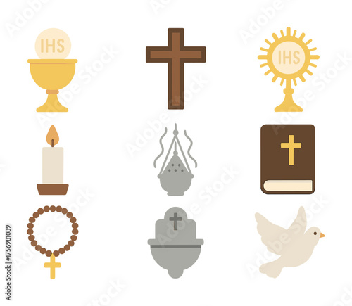 Vector Religious symbols collection: cross, chalice, candle, rosary, dove, bible, monstrance, thurible, baptismal font