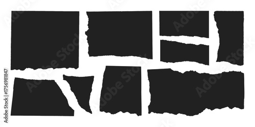 Jagged edge torn paper piece collage grunge cut out shapes vector illustration. Ripped paper abstract frame shape text box template collection.