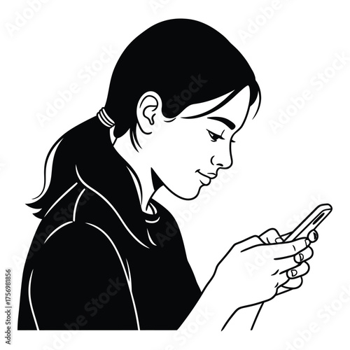 Young woman focused on smartphone screen in profile view digital art style line drawing portrait of person texting on mobile device silhouette