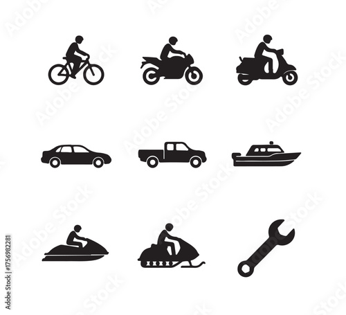 Set of various vehicle and transportation icons including bicycles, motorcycles, cars, pickup trucks, boats, jet skis, snowmobiles, and a wrench for mechanical services