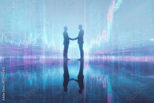 Silhouetted figures shaking hands against a digital data backdrop; futuristic, luminous, and reflective