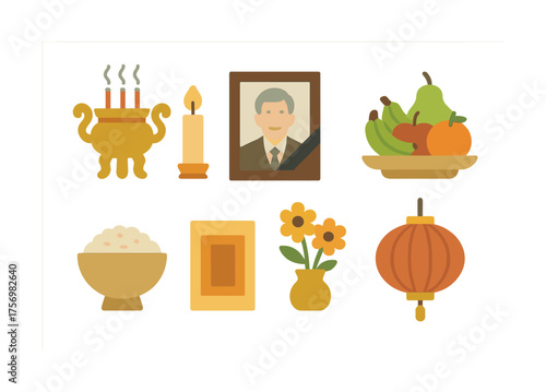 Vector Traditional asian ancestral worship elements with lantern, foods, and portrait