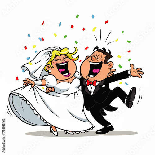 Adorable Cartoon Wedding Couple Kissing with Hearts and Flowers, Expressing Love and Romance on Their Special Day - Vector Illustration