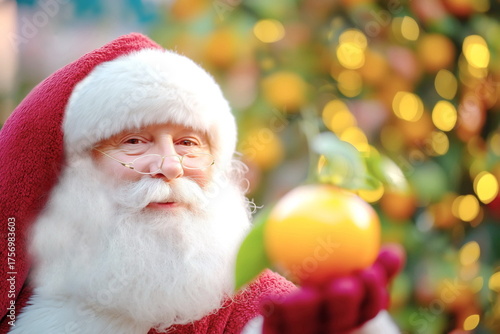 A smiling Santa Claus with a tangerine in his hand, with space for text. 