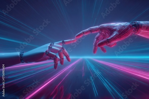 Robotic and human hands nearly touch, a conceptual image of AI and humanity