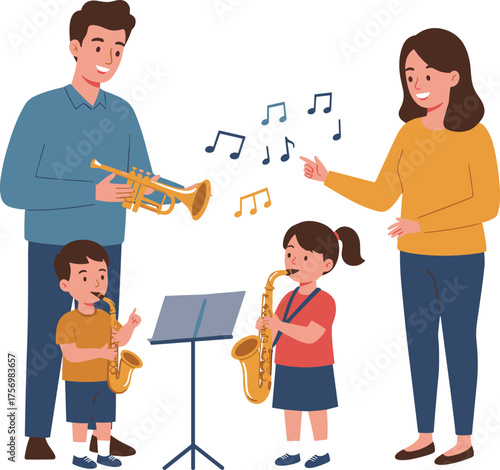 Cartoon family playing musical instruments together, indoor activity with trumpet and saxophones, colorful vector illustration
