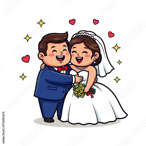 Cartoon of a Happy Bride and Groom Embracing on Their Wedding Day