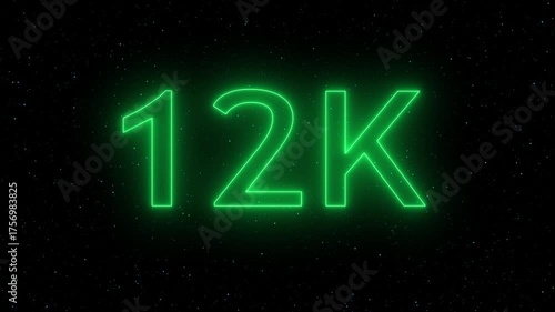 Neon 12k text effect against a starry night sky background, symbolizing milestones and achievements in a visually striking manner