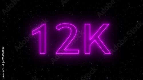 Neon 12k text effect against a starry night sky background, symbolizing milestones and achievements in a visually striking manner