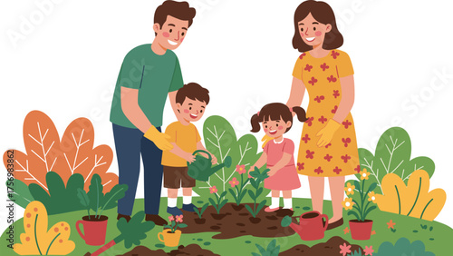 Cartoon family gardening together, outdoor activity with children and adults planting and watering flowers, colorful vector illustration