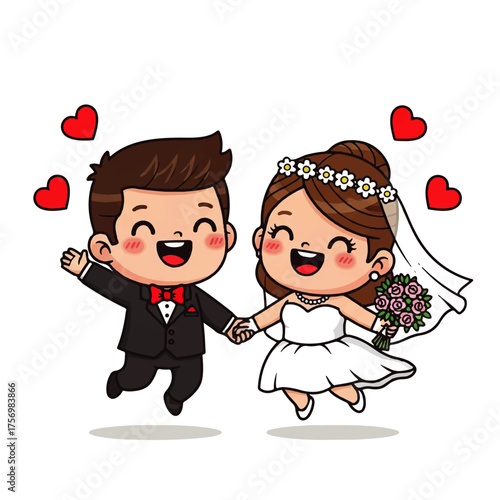 Adorable Cartoon Wedding Couple Kissing with Hearts and Flowers, Expressing Love and Romance on Their Special Day - Vector Illustration