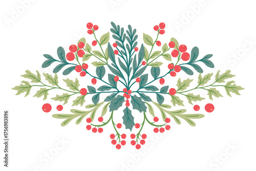 Christmas garland with holly leaves and a berries. Vector illustration on a white background, flat design, simple line art.