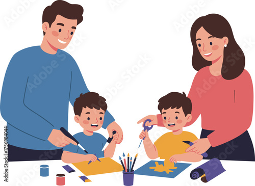 Cartoon family doing arts and crafts together, creative indoor activity with children and adults, colorful vector illustration, educational clipart