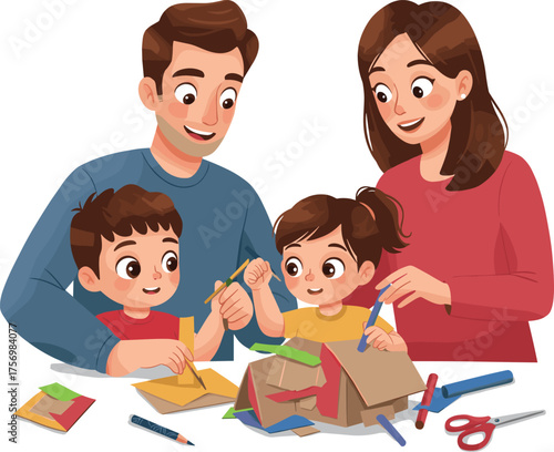Cartoon family doing arts and crafts together, creative indoor activity with children and adults, colorful vector illustration, educational clipart