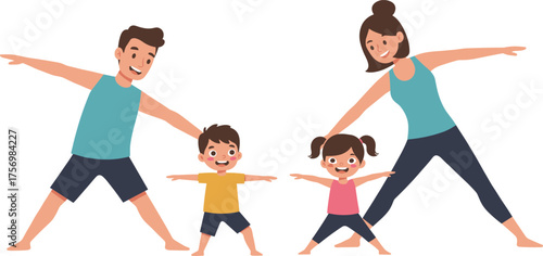 Cartoon family doing yoga together, healthy indoor activity with children and adults, colorful vector illustration, wellness clipart