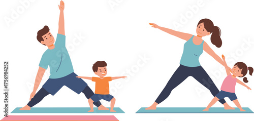 Cartoon family doing yoga together, healthy indoor activity with children and adults, colorful vector illustration, wellness clipart