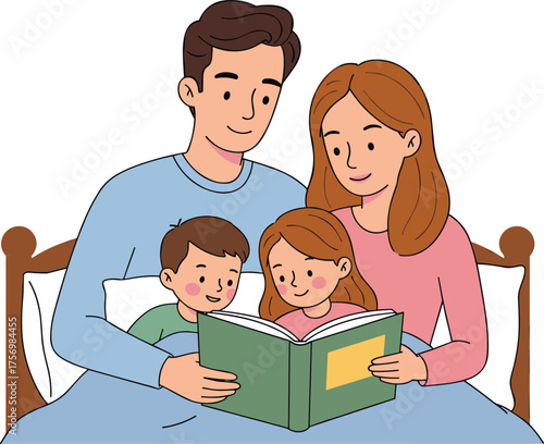 Cartoon family reading book together, cozy indoor scene with children and adults, colorful vector illustration, educational clipart