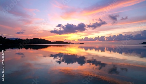 Serene Seascape with Vibrant Sunset and Reflective Waters