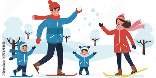 Cartoon family enjoying winter activities, cheerful snow scene with children and adults, colorful vector illustration, seasonal outdoor clipart