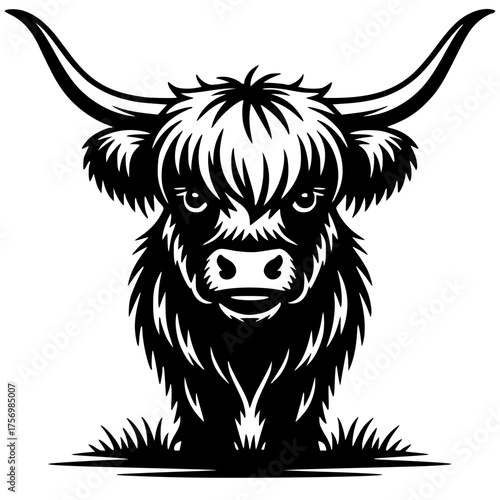 Highland Cattle Emblem: A detailed monochrome illustration of a Highland cow, showcasing its distinctive shaggy fur and iconic, large horns, representing strength and heritage.