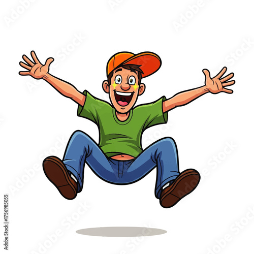 Joyful Young Man Leaping with Arms Outstretched, Celebrating Happiness and Exuberance