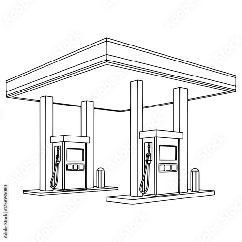 Gas Station Silhouette: A minimalist black and white outline of a gas station, featuring fuel pumps, a canopy, and a clean, modern design.