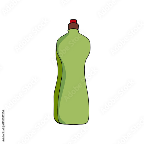 Green bottle depicting dish soap and cleaning liquid, a common household product for washing dishes and sanitation