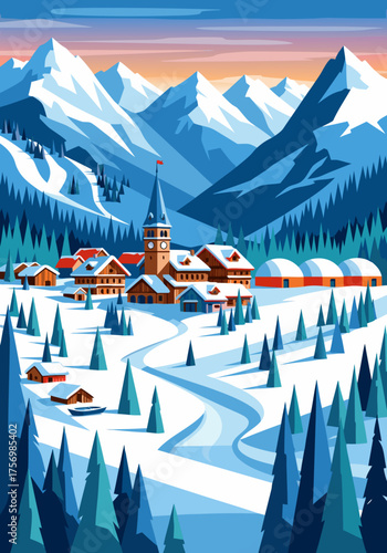Picturesque ski resort village nestled in a snowy alpine valley with majestic mountain peaks and pine forests illustration