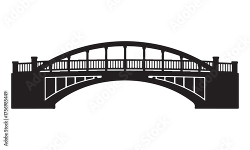 Black silhouette of an arch bridge with wooden railings