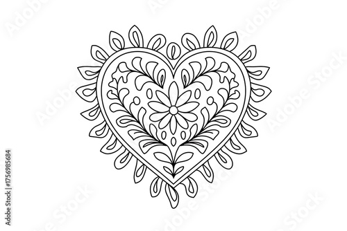 Intricate Floral Heart Mandala Design for Coloring Books