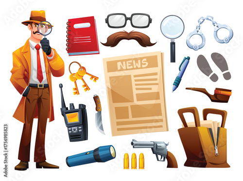 Detective character with magnifying glass and set of investigation tools like handcuffs, gun, and newspaper. Vector cartoon illustration